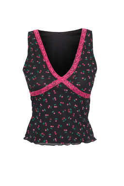 Trendyolmilla Siyah Tul Kiraz Bask?l? V Yaka Vucuda Oturan Orme Bluz TWOSS25BZ00284  фото 5