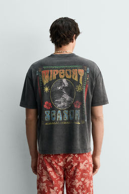 CAMISETA LAVADA ESTAMPADO SURF / Marr?n oscuro