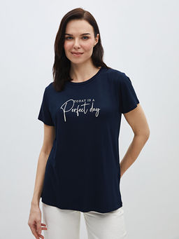 Bisiklet Yaka Bask?l? K?sa Kollu Kad?n Ti??rt