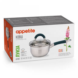 Ковш из нержавеющей стали "Луиза" 0,9л, д11,5см, h8см, стеклянная крышка, просиликоненные ручки, подарочная коробка, "Appetite" (Китай) Подходит для индукционных плит