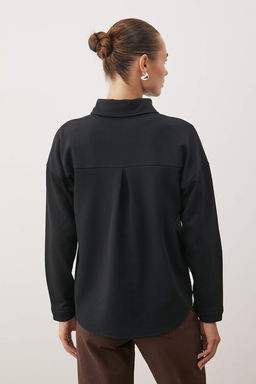 Siyah Selanik Polo Yaka Dugmeli Oversize Gomlek TWOAW26GO00117