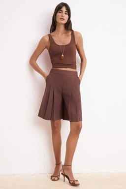 Kahverengi Keten Gorunumlu Piliseli Uzun Sort & Bermuda TWOSS26SR00036