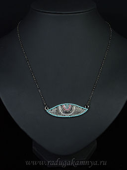Подвеска на шею на цепочке с фианитами Глаз 46*15мм цв.бирюзово-розовый, 45см