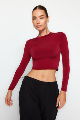 Bordo Dik Yaka Fitted/Vucuda Oturan Uzun Kol Buzgulu Esnek Orme Bluz TWOAW23EL01391