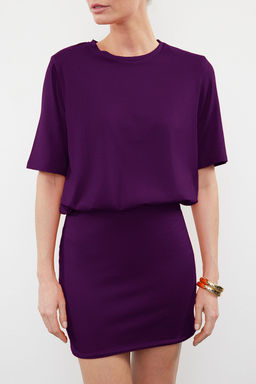 Mor Duz Yumusak Kumasl? Fitted/Vucuda Oturan K?sa Kollu Esnek Orme Elbise TWOSS24EL00756