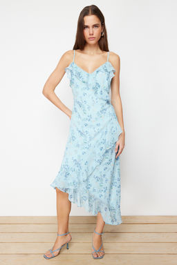 TRENDYOLMILLA Mavi Cicekli F?rf?rl? A Kesim Sifon Astarl? Maxi Dokuma Elbise TWOSS24EL00692  фото 3