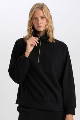 Regular Fit Yar?m Fermuarl? Dik Yaka Basic Duz Sweatshirt