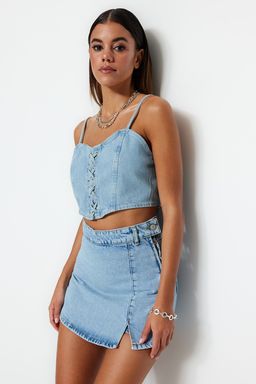 Ac?k Mavi Y?rtmacl? Denim Sort Etek TWOSS23SR00091