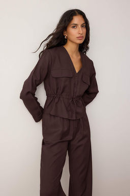 Koyu Kahverengi Yumusak Dokulu Bluz Pantolon Dokuma Alt - Ust Tak?m TWOAW26AU00111
