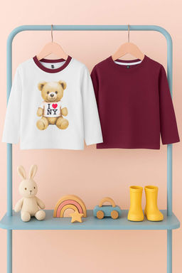 Ekru-Bordo 2li Unisex Cocuk 100% Pamuk Animal Bask?l? Regular Orme T-Shirt TKDAW26TS00016