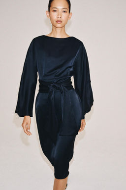 VESTIDO MIDI CINTUR?N CON LINO ZW COLLECTION / Azul - Zara фото 6