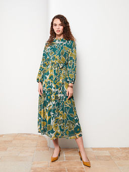 F?rf?rl? Dik Yaka Desenli Uzun Kollu Elbise