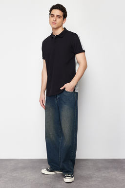 Siyah Renk Bloklu Regular/Normal Kesim %100 Pamuklu Polo Yaka T-shirt TMNSS24PO00009