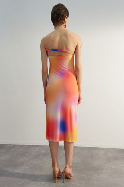 Cok Renkli Bask?l? Vucuda Oturan Midi Tek Omuz Ayarlanabilir Ask?l? Orme Kalem Elbise TWOSS23EL01577