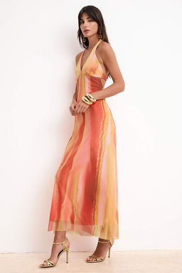 Pembe-Cok Renkli Cicekli Orme Tul Maxi Abiye & Mezuniyet Elbisesi