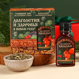 Подарочный набор новогодний «Долголетия», чай травяной 20 г, безалкогольный бальзам 100 мл.