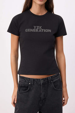 Siyah Slogan Fitted/Vucuda Oturan K?sa Kollu Pamuk Ribana Orme T-Shirt TWOSS26TS00129 - Trendyolmilla фото 3