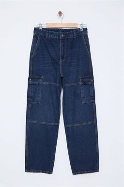 TRENDYOL MAN Siyah %100 Pamuk Baggy Fit Kargo Bol Kot Pantolon Jeans TMNAW25JE00002