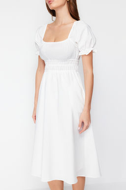 Beyaz Skater/Belden Ac?lan Balon Kollu Astarl? Midi Astarl? Dokuma Elbise TWOSS22EL1768