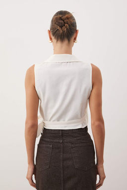 Bej Baglamal? Crop Dokuma Keten Gorunumlu Bluz TWOSS23BZ00550