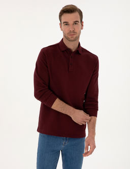 Bordo Regular Fit %100 Pamuk 3 _plik Polo Yaka Sweatshirt
