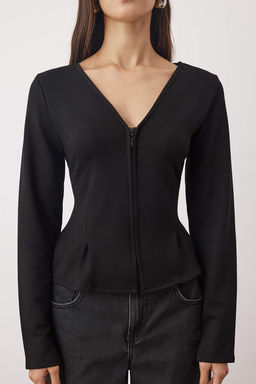 Siyah V Yaka Fermuarl? Reguler/Normal Kesim Orme Bluz TWOAW26BZ00180