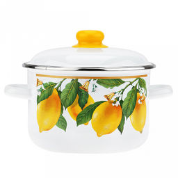 "Цитрон" Кастрюля эмалированная 4л, д22см, h13см, цилиндрическая форма, металлическая крышка, ободок из нержавеющей стали, белый (Россия)