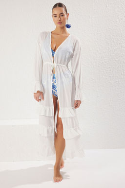 Beyaz Maxi Dokuma F?rf?rl? Baglama Detayl? Plaj Kimono&Kaftan TBESS25KM00024 - Trendyolmilla фото 2