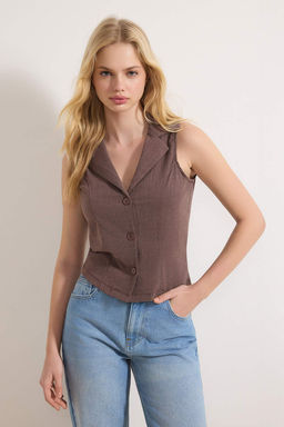 Ac?k Kahverengi Fitted/Vucuda Oturan Gomlek Yaka Dugmeli Kolsuz Jakarl? Orme Bluz TWOSS26BZ00182