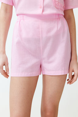 Trendyolmilla Pembe %100 Pamuklu Cep F?rf?r Detayl? Sortlu Dokuma Pijama Tak?m? THMSS24PT00150