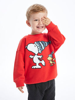 Bisiklet Yaka Uzun Kollu Snoopy Bask?l? Erkek Bebek Sweatshirt ve E?ofman Alt 2li Tak?m
