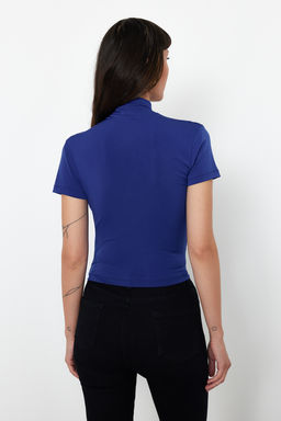 Trendyolmilla Siyah Buzgu/Drape Detayl? Fitted/Vucuda Oturan K?sa Kollu Dik Yaka Esnek Orme Bluz TWOSS24BZ00426  фото 6