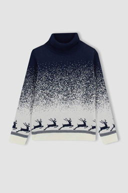 Свитер с воротником на рождественскую тематику для мальчика - Defacto фото 6