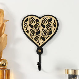 Настенный крючок декоративный Сердце с листьями, ключница, дерево, чёрный, зеркальный 4.3?12.4?19 см
