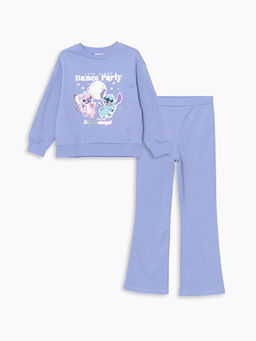 Bisiklet Yaka Lilo ve Stitch Bask?l? K?z ?ocuk Sweatshirt ve Tayt