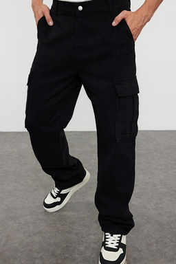 Siyah Kargo Cepli Baggy Kal_p %100 Pamuklu Gabardin Rahat Pantolon TMNSS24PL00021