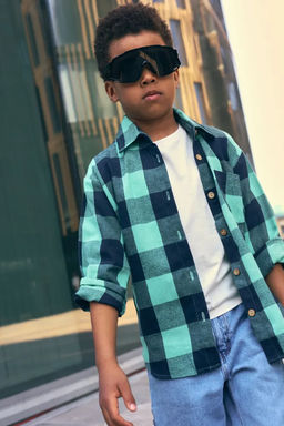 Детская рубашка в клетку с воротником бирюзовая Mini Hippy SAM 046