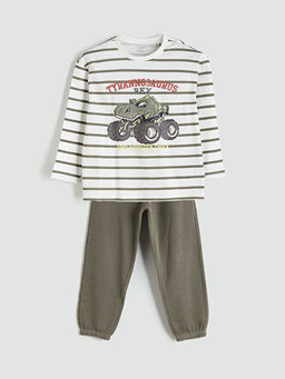 Bisiklet Yaka Bask?l? Erkek ?ocuk Sweatshirt ve E?ofman Alt 2li