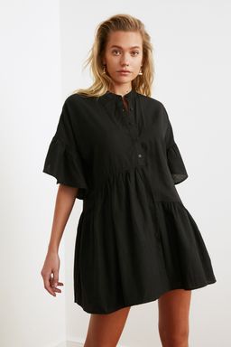 TRENDYOLMILLA Siyah Dokuma Flaml? Pamuk Genis Kal?p Mini Plaj Elbisesi TBESS20EL0873  фото 8