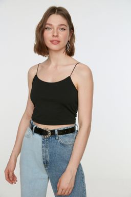 Siyah Pamuklu Spagetti Ask?l? Fitted/Vucuda Oturan Crop Esnek Orme Atlet TWOSS20AL0006