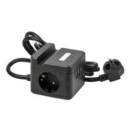 S-GCD2-1,5SBUH BLACK Удлинитель серии Standard, с/з, шнур 1,5м, 2 гнезда, 3 USB, 16А, держатель для телефона. Черный. ТМ Uniel