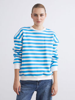 Bisiklet Yaka ?izgili Oversize Kad?n Sweatshirt