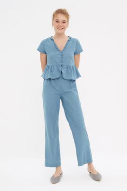 Trendyolmilla Mavi F?rf?rl? T-shirt-Pantolon Viskon Dokuma Pijama Tak?m? THMSS20PT0095
