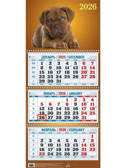 Календарь квартальный настен. 3-х блочный, 310*680мм, 2026г. "Забавный щенок" (КБ04-26)