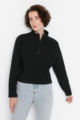Siyah Selanik/Triko Gorunumlu Fermuarl? Yaka Regular/Normal Kal?p Orme Sweatshirt TWOAW22SW0732