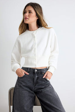 Ekru Kal_n Bele Oturan __t__t Detayl_ Regular Kal_p Crop Boy _rme H_rka/Sweatshirt TWOAW27SW00041