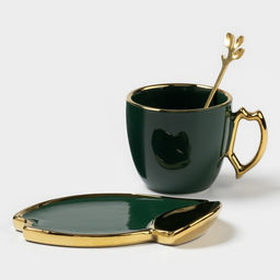 Чайная пара «Ливона», 3 предмета: чашка 160 мл, блюдце, ложка, керамика, изумрудная