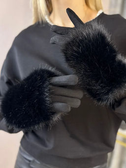 Утепленные женские перчатки с мехом , цвет черный - Greta фото 2