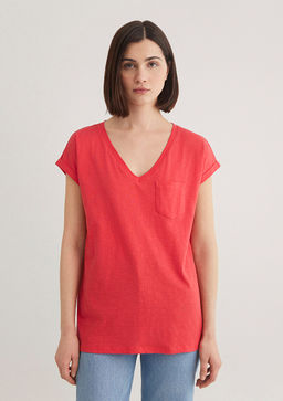 V Yaka K?rm?z? Basic Tisort - Mavi фото 3