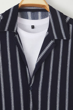 TRENDYOL MAN Lacivert Regular Fit K?sa Kollu Burumcuk Cizgili Salas Dokumlu Yazl?k Gomlek TMNSS25GO00014 - Trendyolmilla фото 10